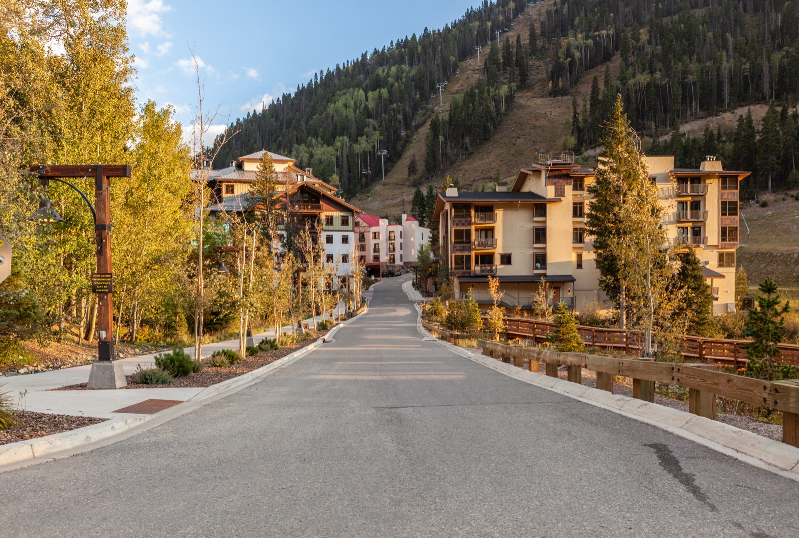 Mountain village street lined with buildings and trees